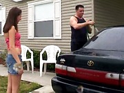 The stud was washing his car when a tiny babe approached him. She offered her help but too hinted at sucking his cock for money. Lad loved that idea but that guy craved for some other games and thats why that guy used a sex toy to moisten her snatch and to prepare it for a hard fuck.